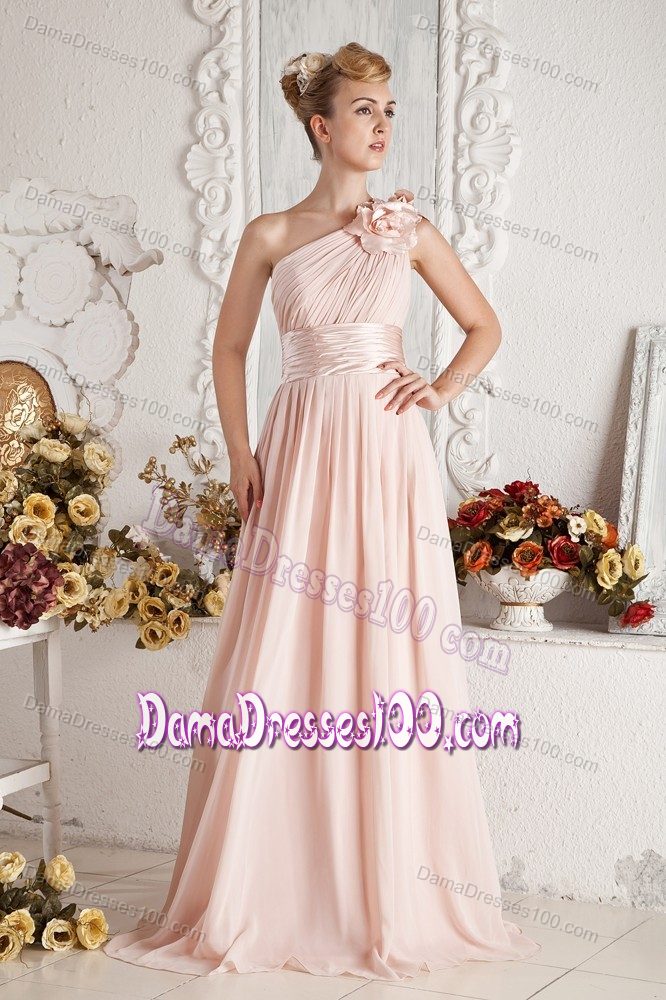 One Shoulder Brush Train Flowers Ruched Baby Pink Dama Dress