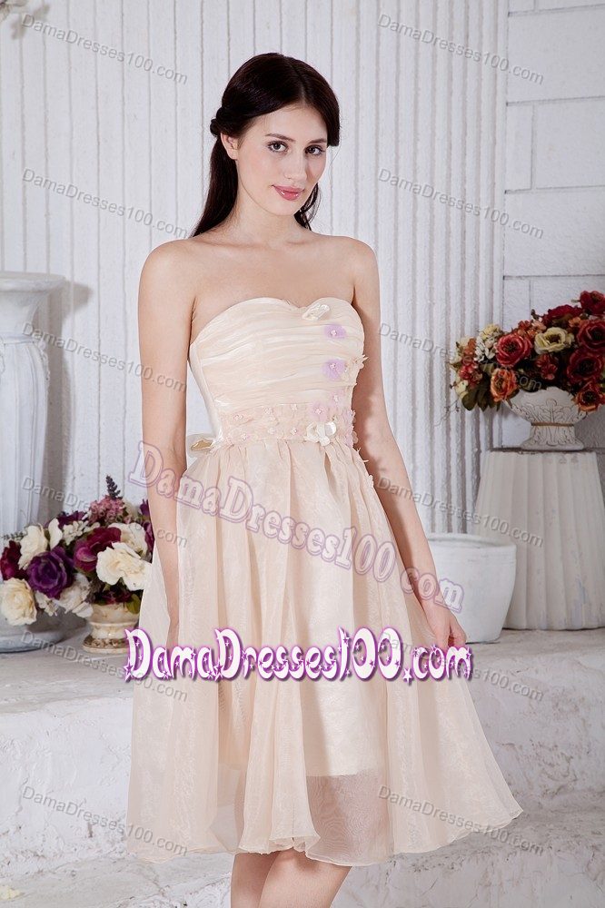 Strapless Flowers Knee-length Ruched Dama Dress in Champagne
