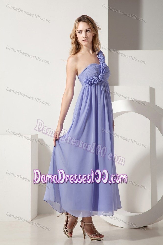 One Shoulder Ankle-length Lilac Quince Dama Dresses with Flower