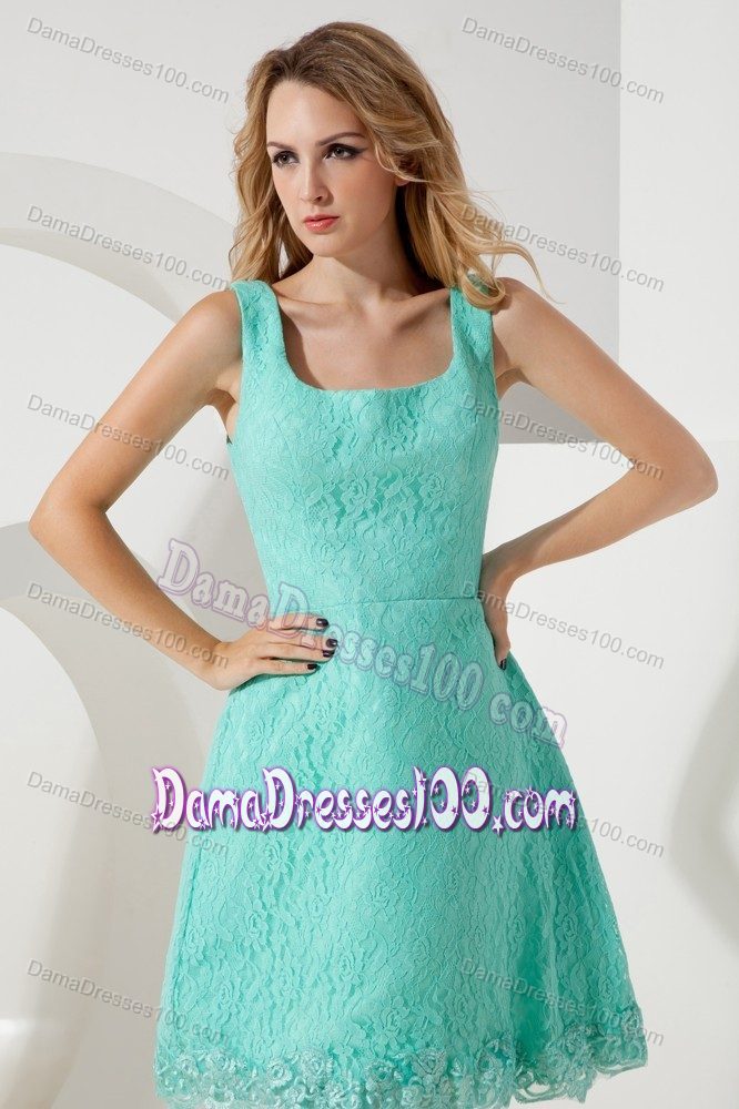 New Square Short Dama Dress For Quinceaneras in Turquoise Lace