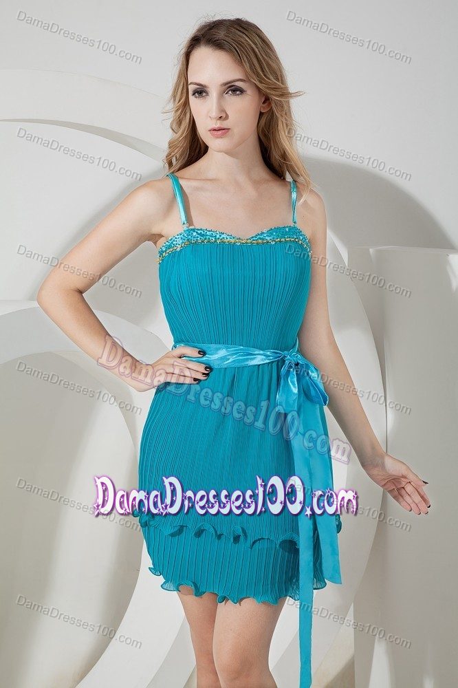 Spaghetti Straps Short Teal Beaded Quince Dama Dresses with Bow