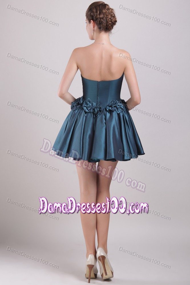 Strapless Short Peacock Green Quince Dama Dresses with Bowknot