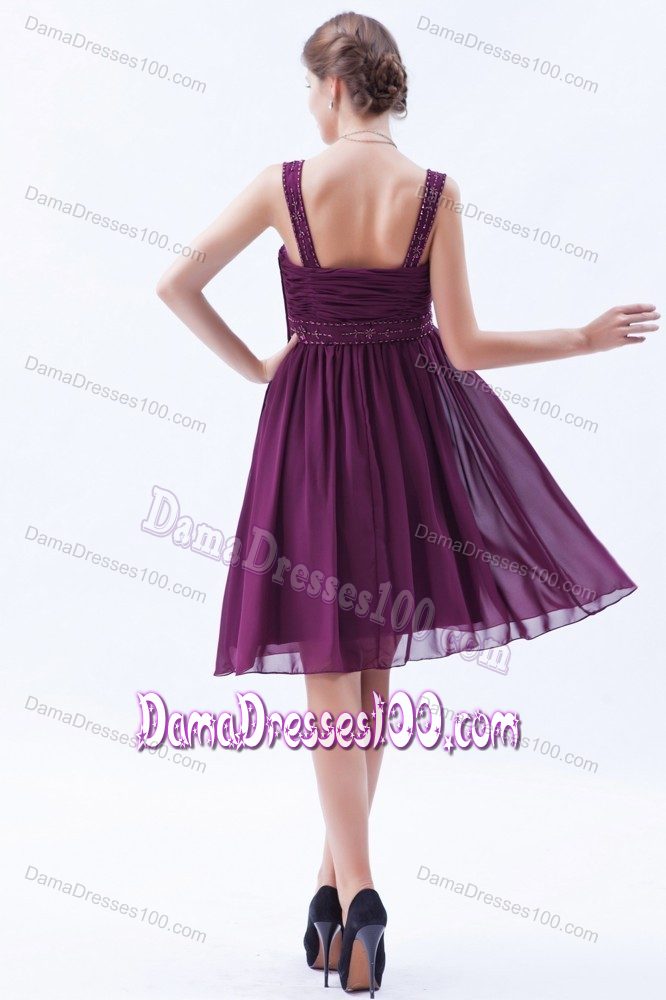 Straps Knee-length Beaded Dark Purple Dama Quinceanera Dresses