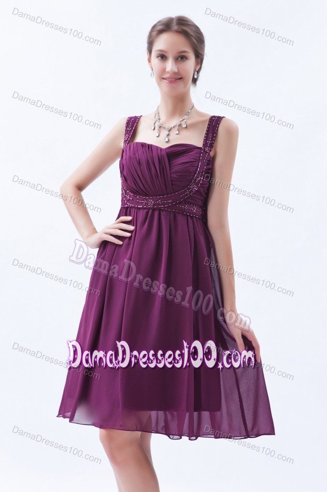 Straps Knee-length Beaded Dark Purple Dama Quinceanera Dresses