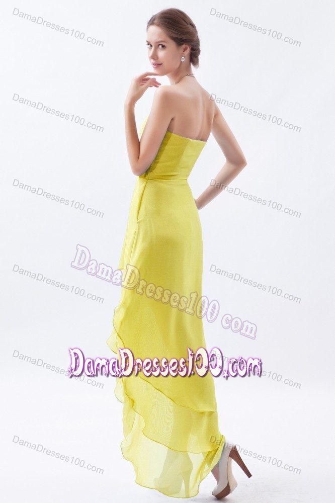 V-neck High-low Beaded Dresses For Damas in Yellow with Ruche
