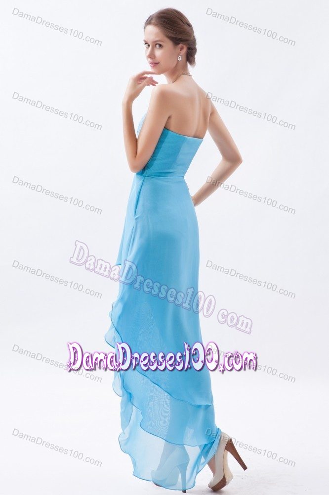 New High-low V-neck Ruched Baby Blue Dama Dress with Beading