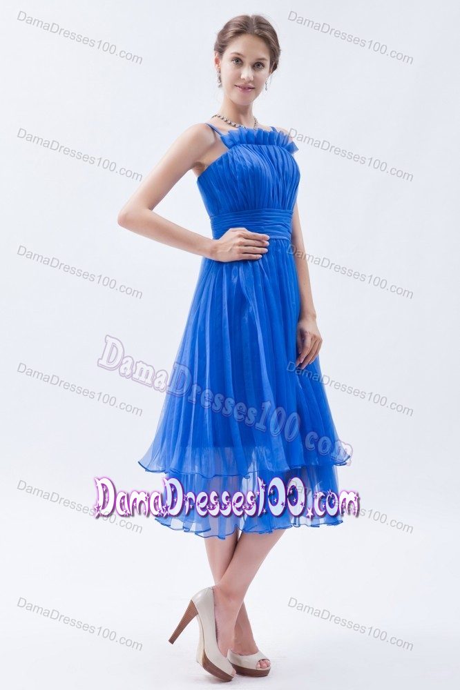 Pleated Straps Tea-length Ruched Blue Quinceanera Dama Dresses