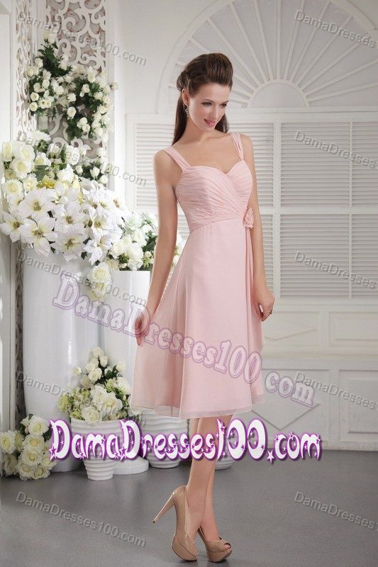 Hot Sale Straps Tea-length Pink Quince Dama Dresses with Flower
