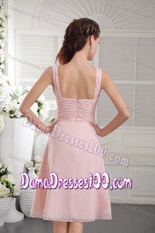 Hot Sale Straps Tea-length Pink Quince Dama Dresses with Flower