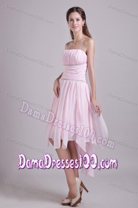 Strapless High-low Ruched Pink Quince Dama Dresses with Beading