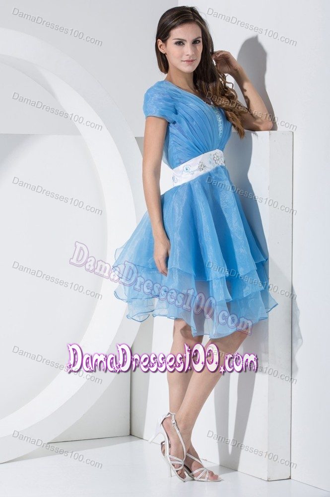 New U-neck Short Ruched Blue Dama Dress with Beading and Sash