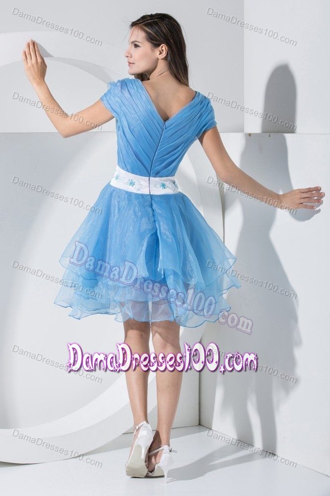 New U-neck Short Ruched Blue Dama Dress with Beading and Sash