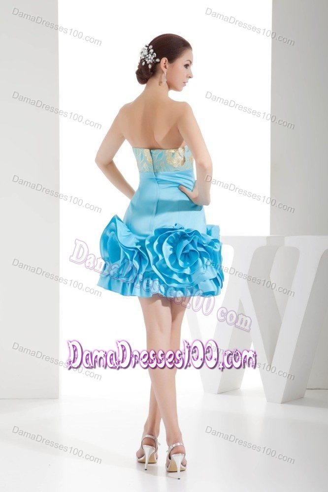 Strapless Short Aqua Blue Dama Dress with Flower and Embroidery
