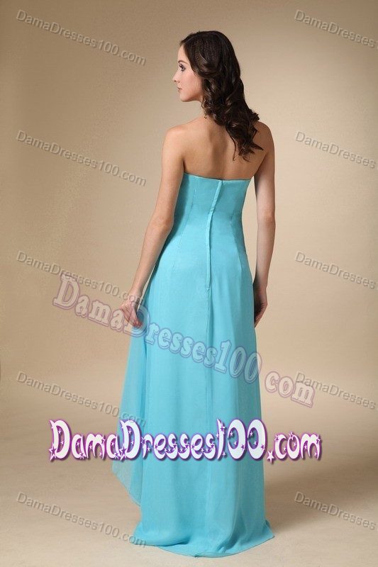 Strapless Asymmetrical Ruched Quince Dama Dresses in Aqua Blue