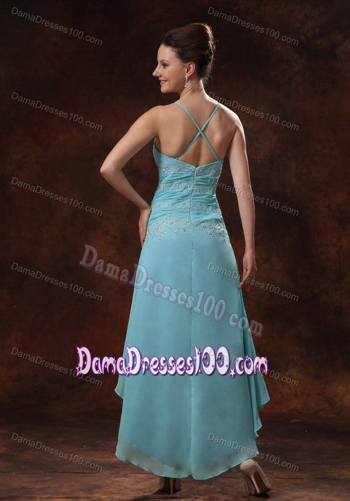 Spaghetti Straps High-low Dama Dress in Light Blue with Appliques