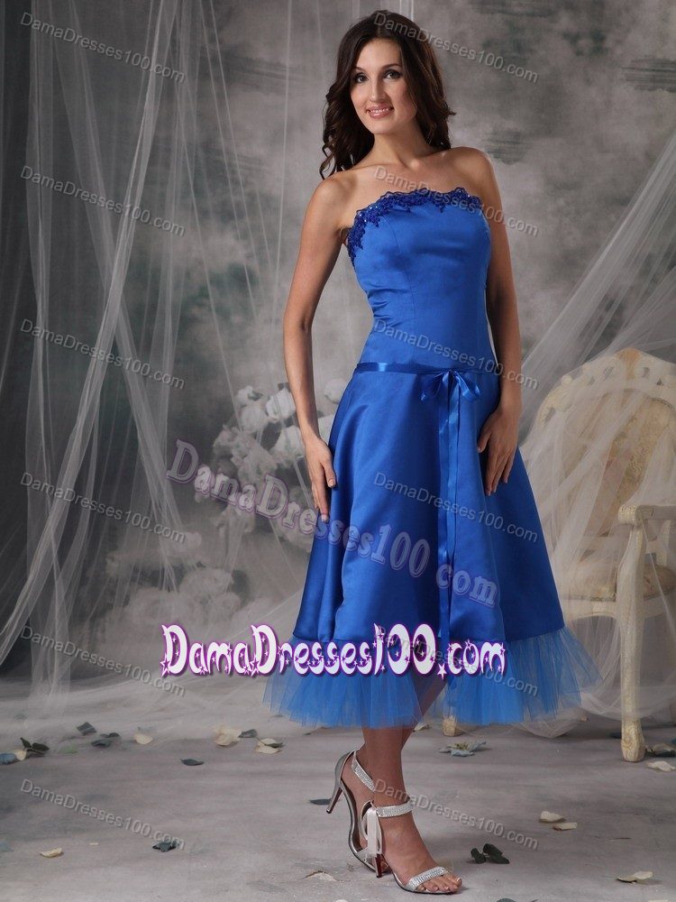 Strapless Tea-length Blue Quinceanera Damas Dresses with Ribbons