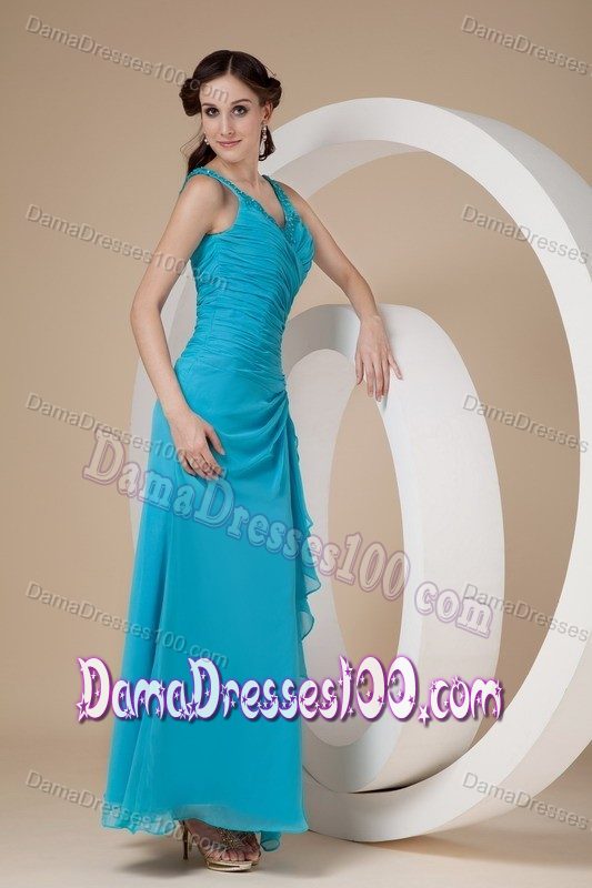 Straps Ruched Ankle-length Quince Dama Dresses in Teal with Slit