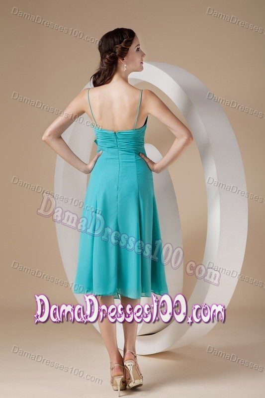New Spaghetti Straps Knee-length Turquoise Dama Dress with Bow