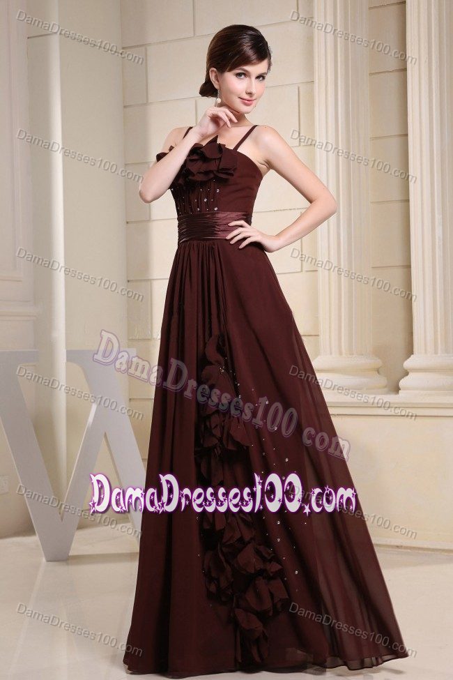 Straps Long Beaded Brown Quinceanera Damas Dress with Flower