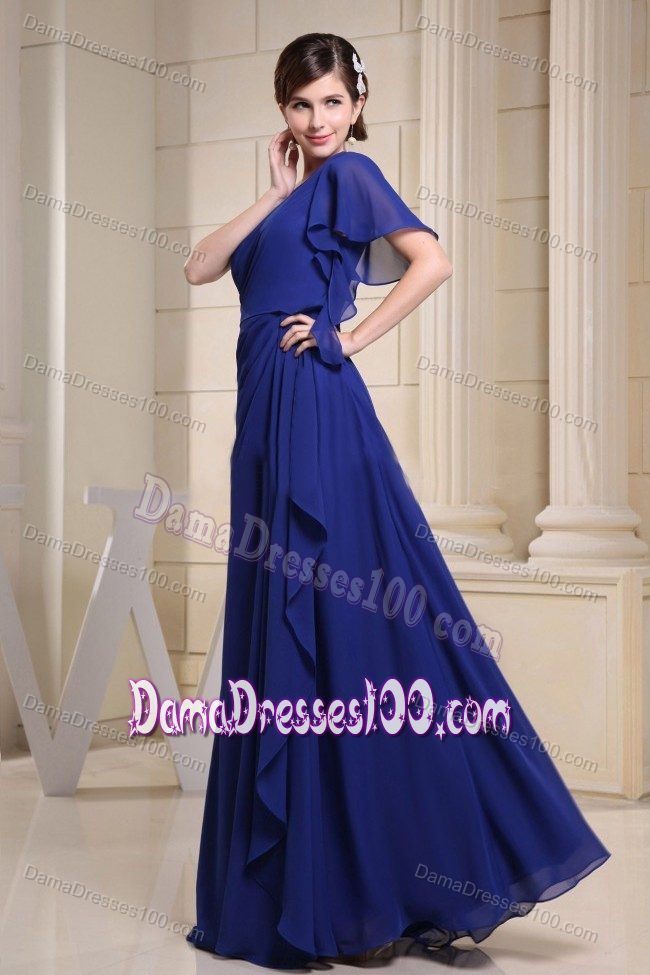 New One Shoulder Long Ruched Short Sleeves Blue Damas Dresses