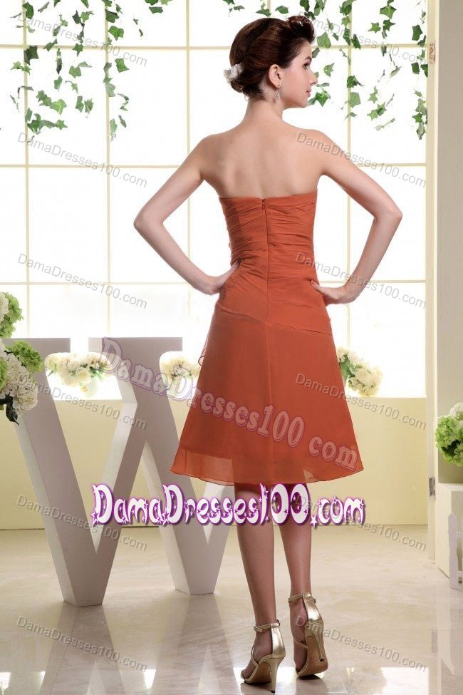 Sweetheart Knee-length Ruffles Rust Red Dama Dress with Flowers