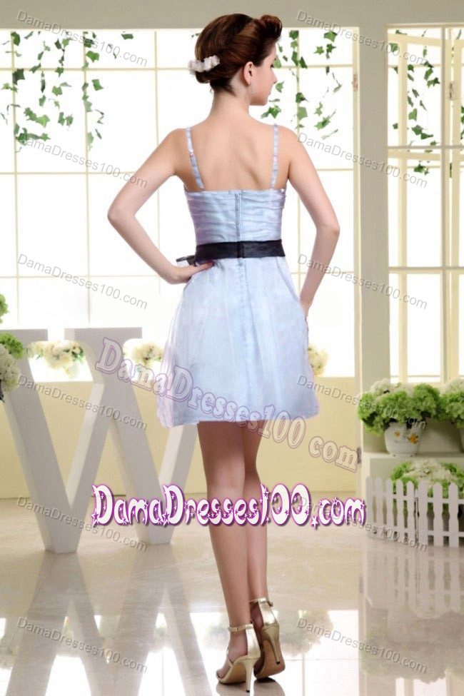 Spaghetti Staps Short Ruched Dama Dresses in Light Blue with Sash