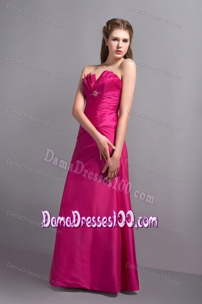 Elegant V-neck Long Beaded Quinceanera Dama Dresses in Hot Pink