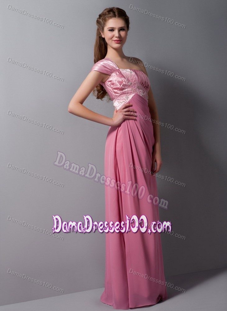 New One Shoulder Pink Dama Dress For Quinceaneras with Beading