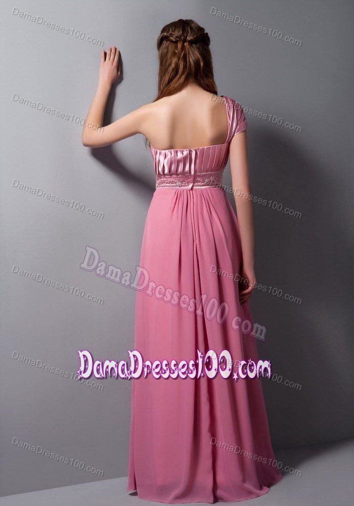 New One Shoulder Pink Dama Dress For Quinceaneras with Beading