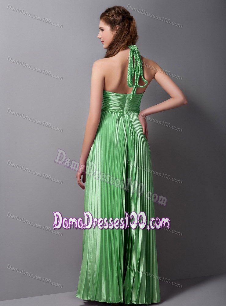 New Pleated Halter Long Dama Quinceanera Dress in Spring Green