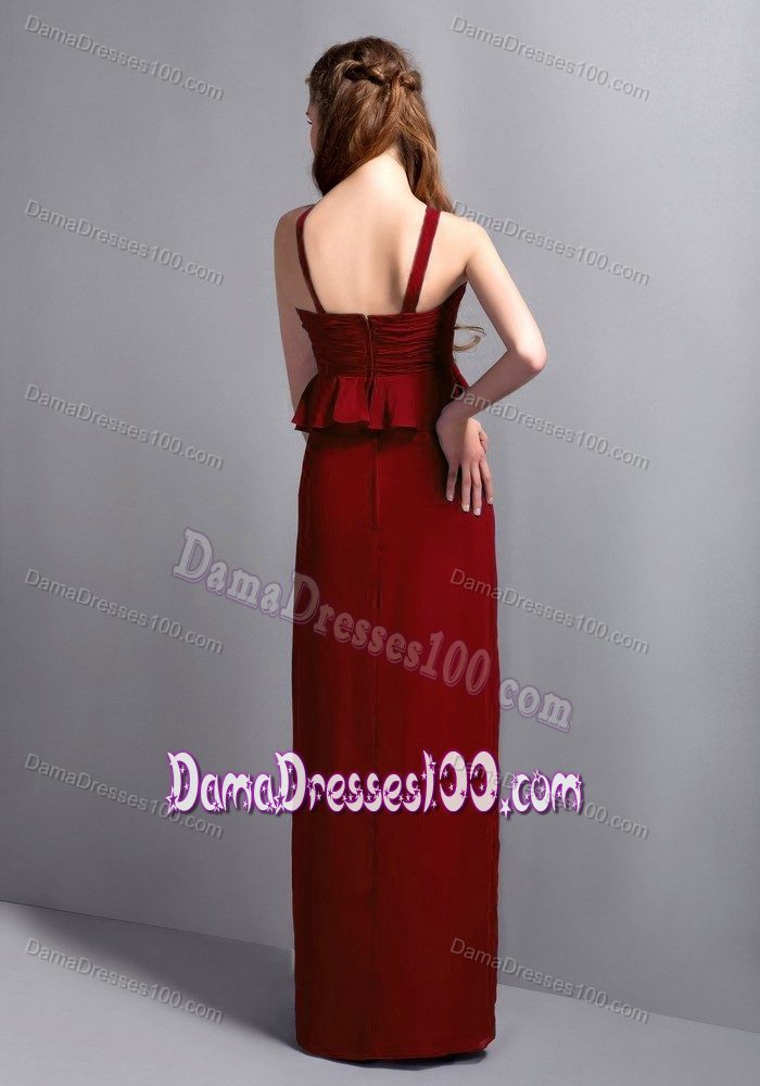 V-neck Floor-length Ruched Wine Red Dama Quinceanera Dresses