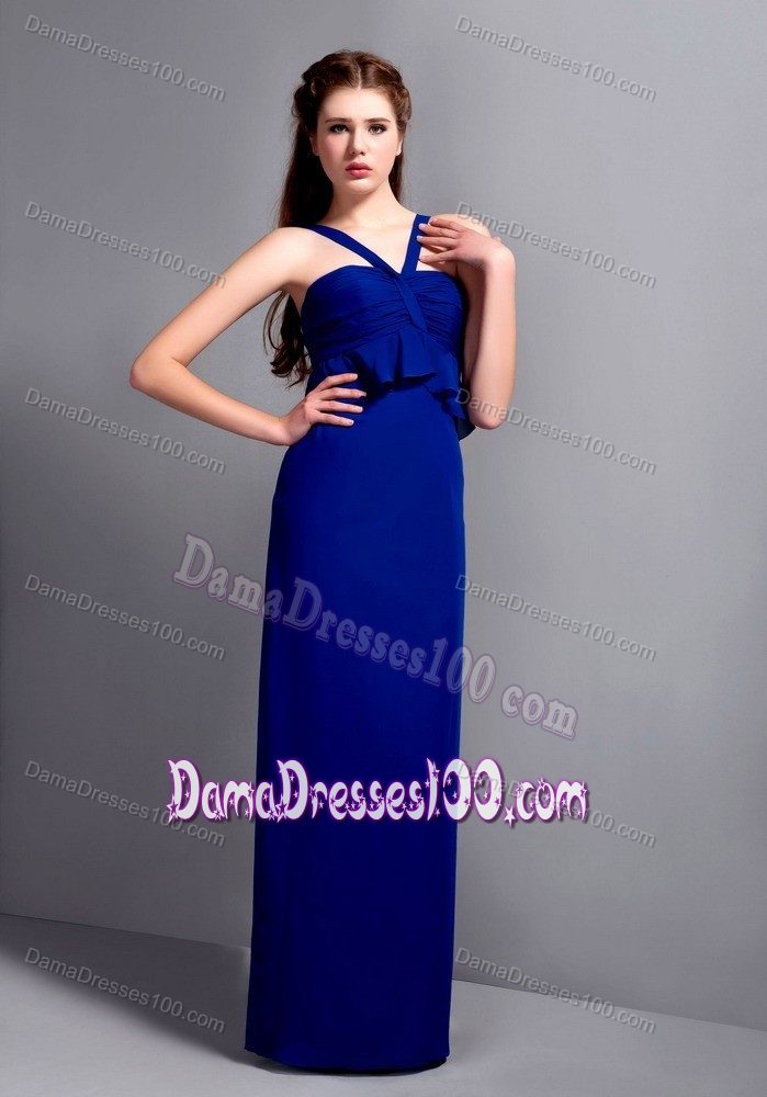 V-neck Long Ruched Peacock Blue Dama Dresses For Quinceanera