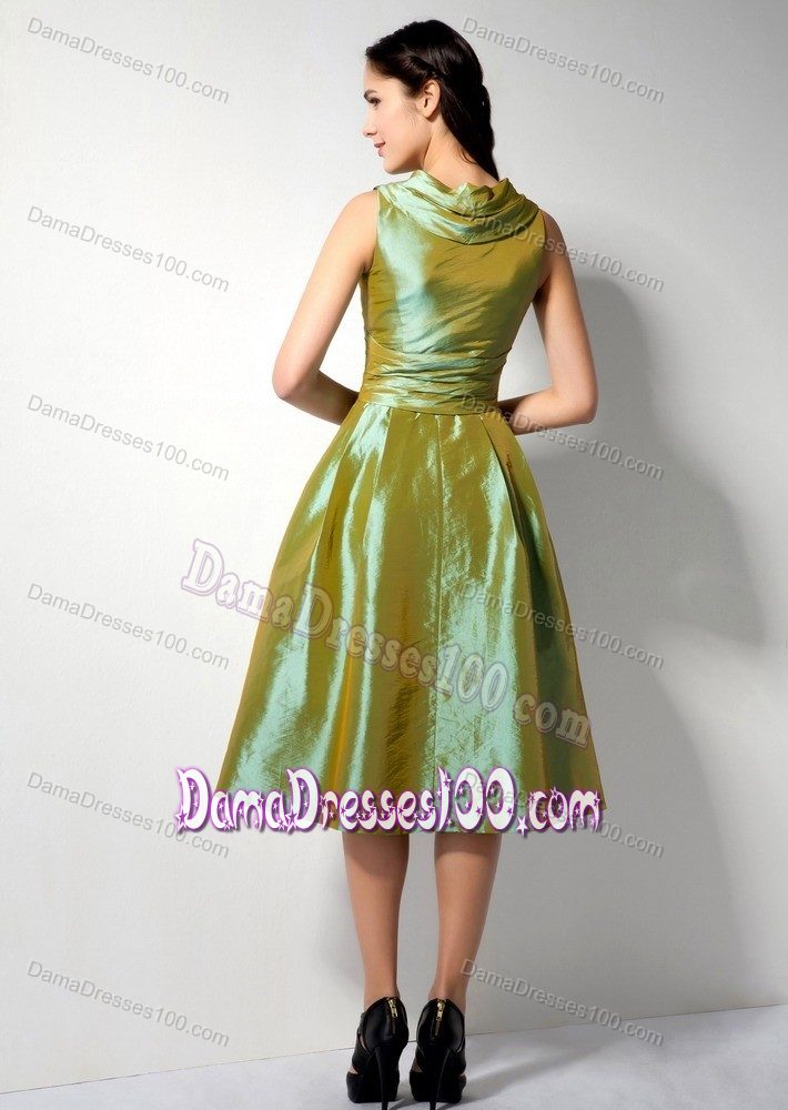 Olive Green V-neck A-line Tea-length Dama Dress with Ruches