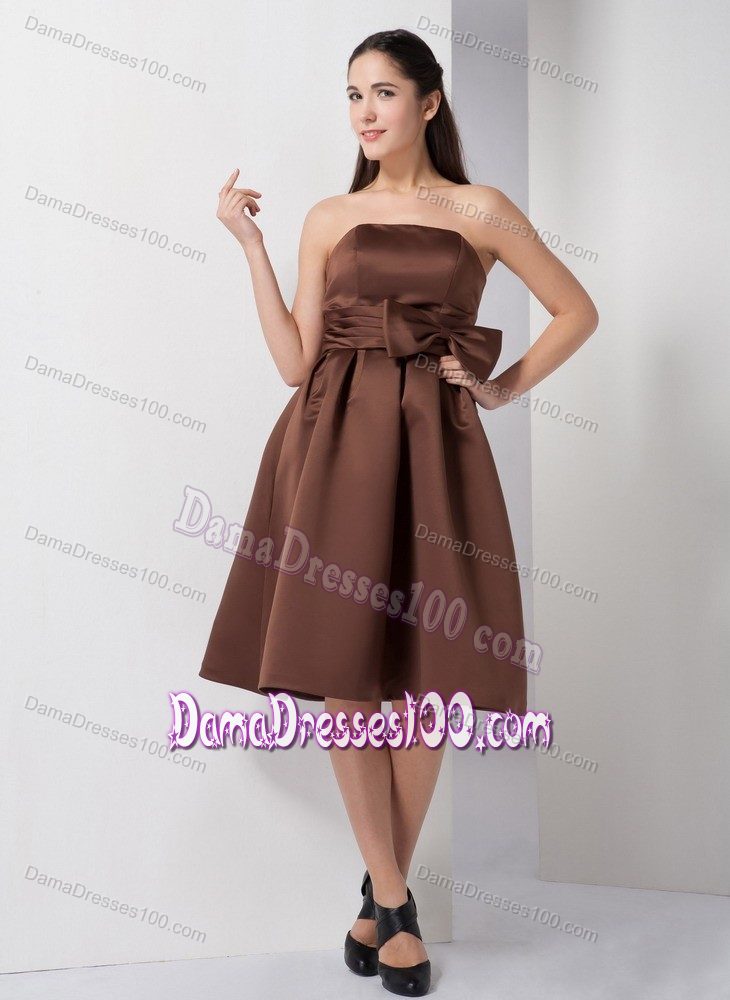 Brown Strapless A-line Knee-length Prom Dama Dress with Bow