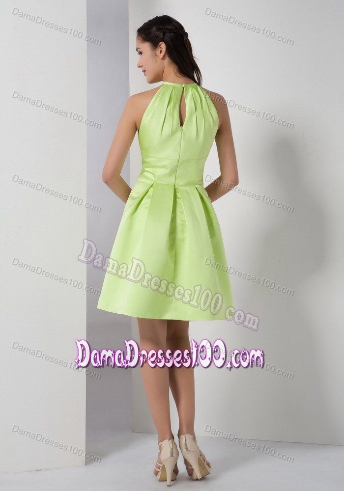 High-neck A-line Ruched Yellow Green Bridesmaid Dama Dress