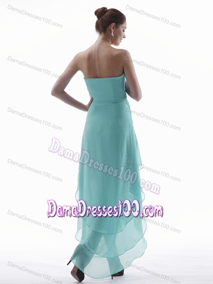 High-low Strapless V-neck Aqua Blue Dama Dress with Ruches