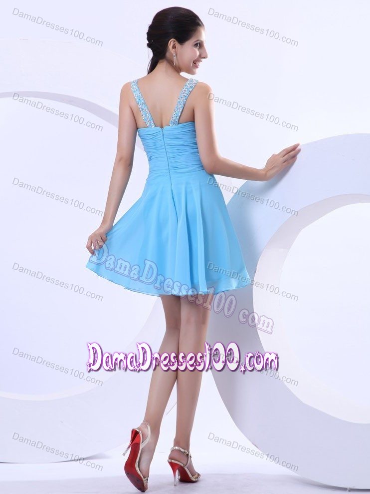 Chiffon Ruched Dama Dress in Aqua Blue with Beaded V-neck