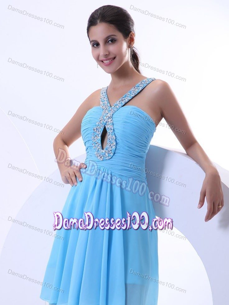 Chiffon Ruched Dama Dress in Aqua Blue with Beaded V-neck
