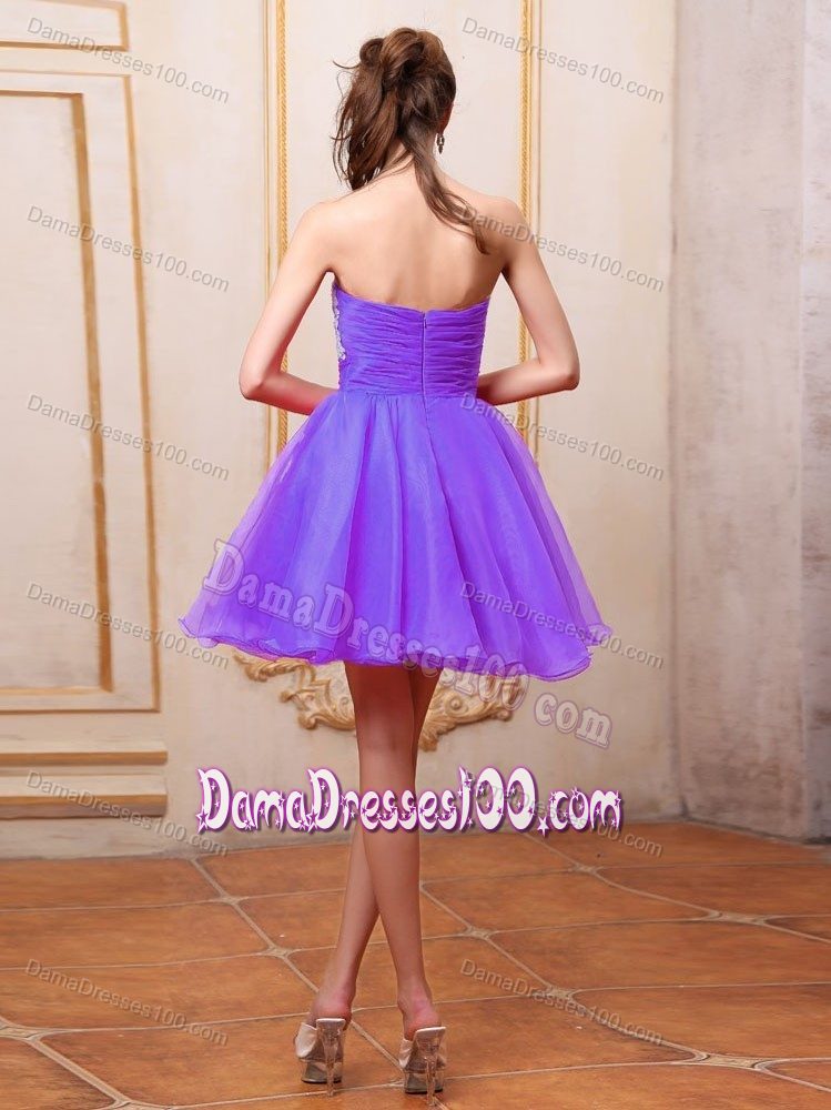 Purple Prom Dama Dress with Appliques and Ruches Mini-length