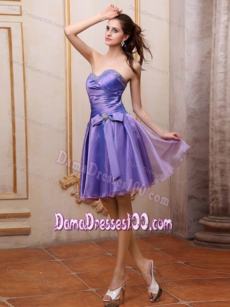 Beading and Bowknot Sweetheart Knee-length Purple Dama Dress