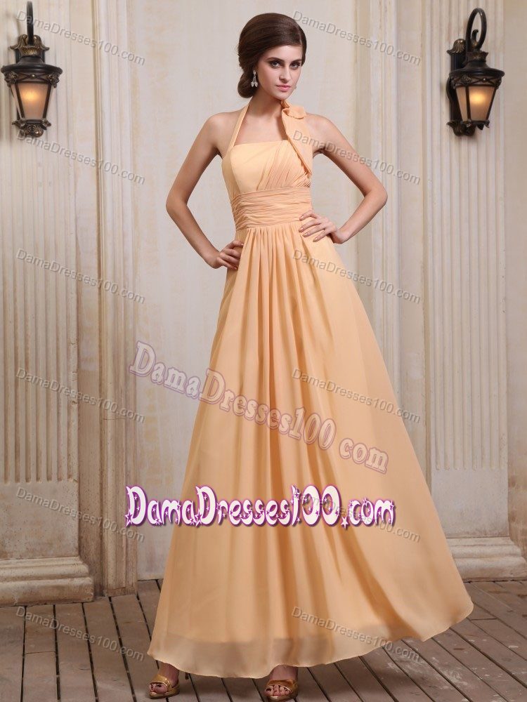 Gold Ruches Halter Bridesmaid Ankle-length Chiffon Dama Dress