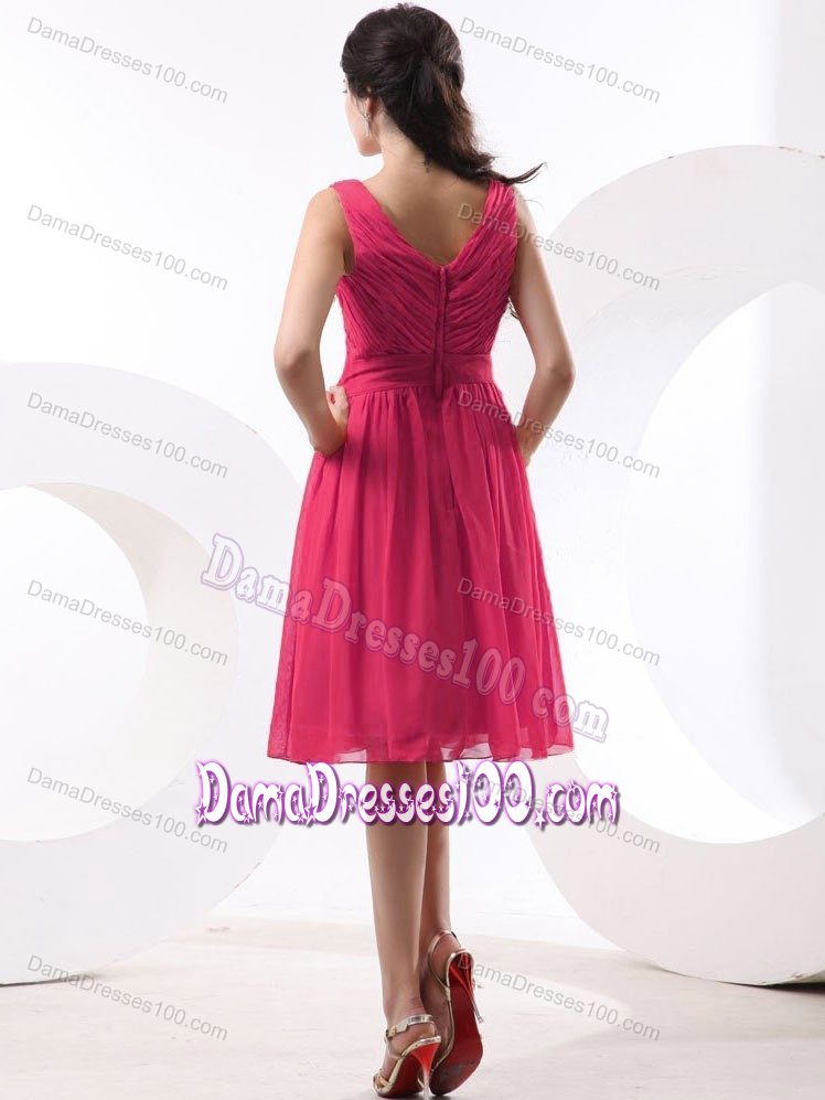 Ruches V-neck Coral Red Bridesmaid Dress for Dama Knee-length
