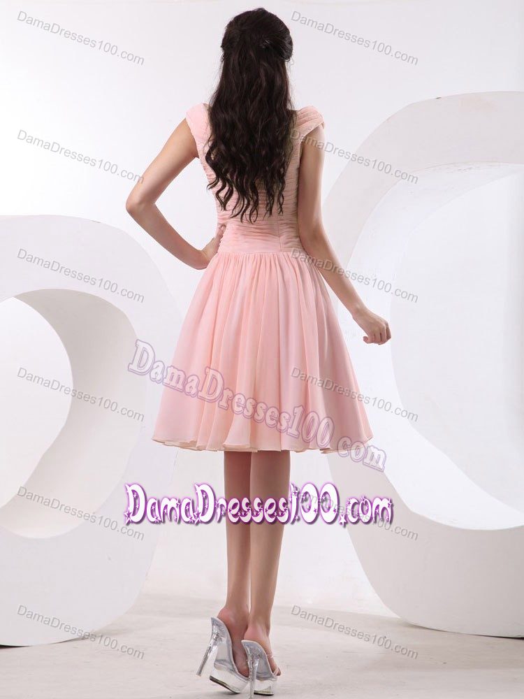 Bateau Mini-length Prom Dama Dress in Baby Pink with Ruches