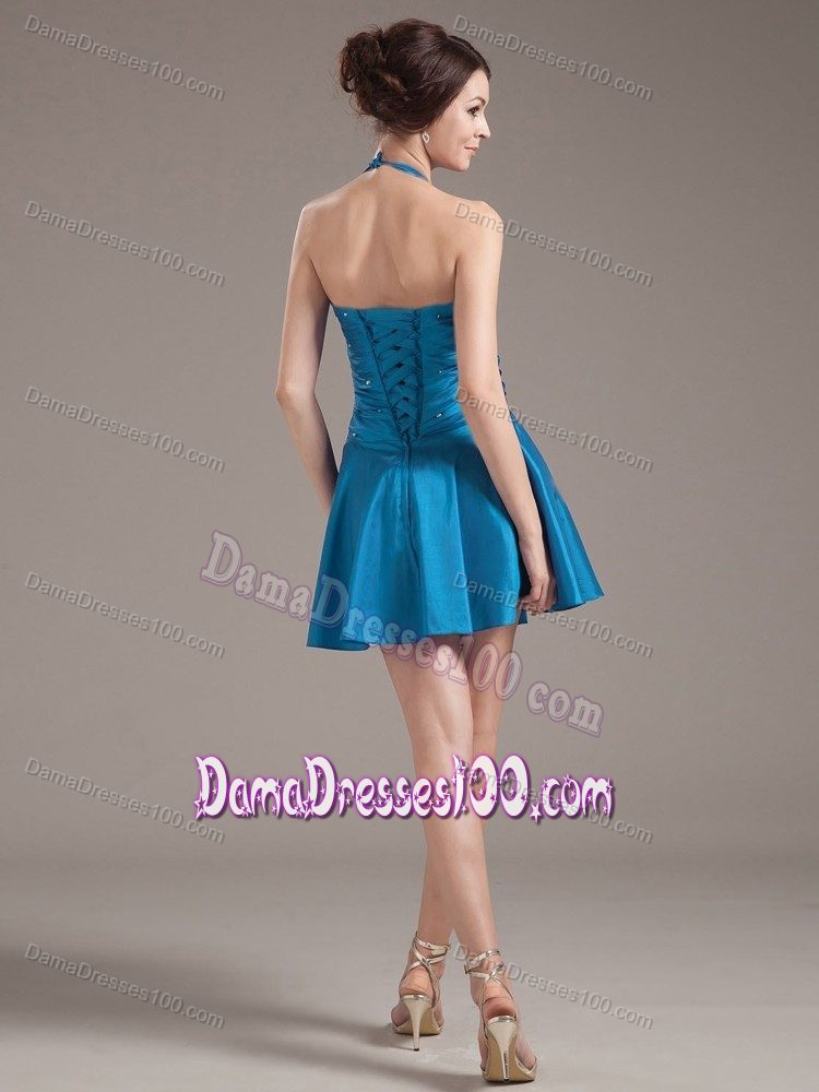 Halter A-line Aqua Blue Dama Dress with Beading and Ruching
