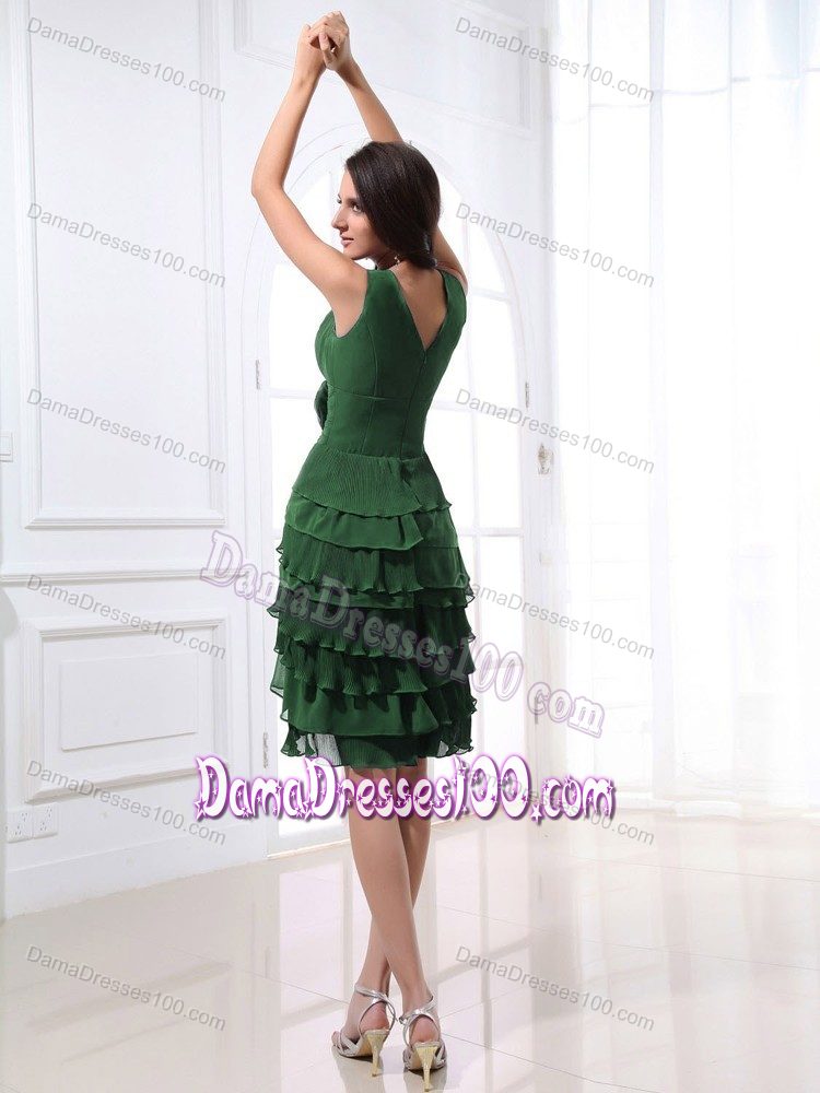Olive Green V-neck Dama Dress With Ruffled Layers and Flower