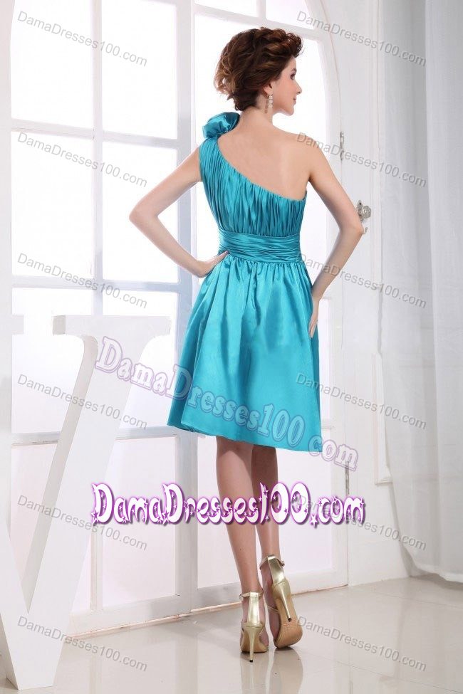 Hand Made Flower and Ruche One Shoulder Baby Blue Dama Dress