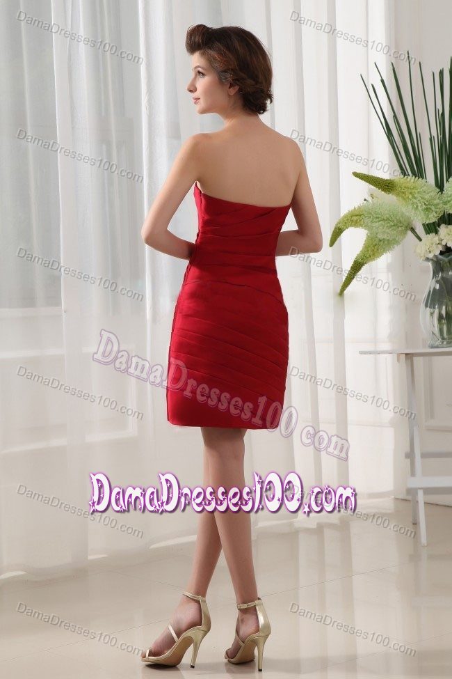 Mini-length Wine Red Ruched Over Skirt Strapless Dama Dress