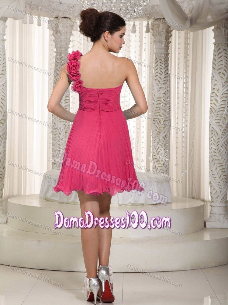 Hot Pink One Shoulder Chiffon Dama Dress Beading and Flowers
