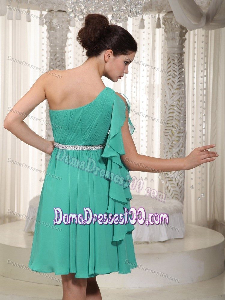 Turquoise One Shoulder Mini-length Chiffon Beaded Dama Dress