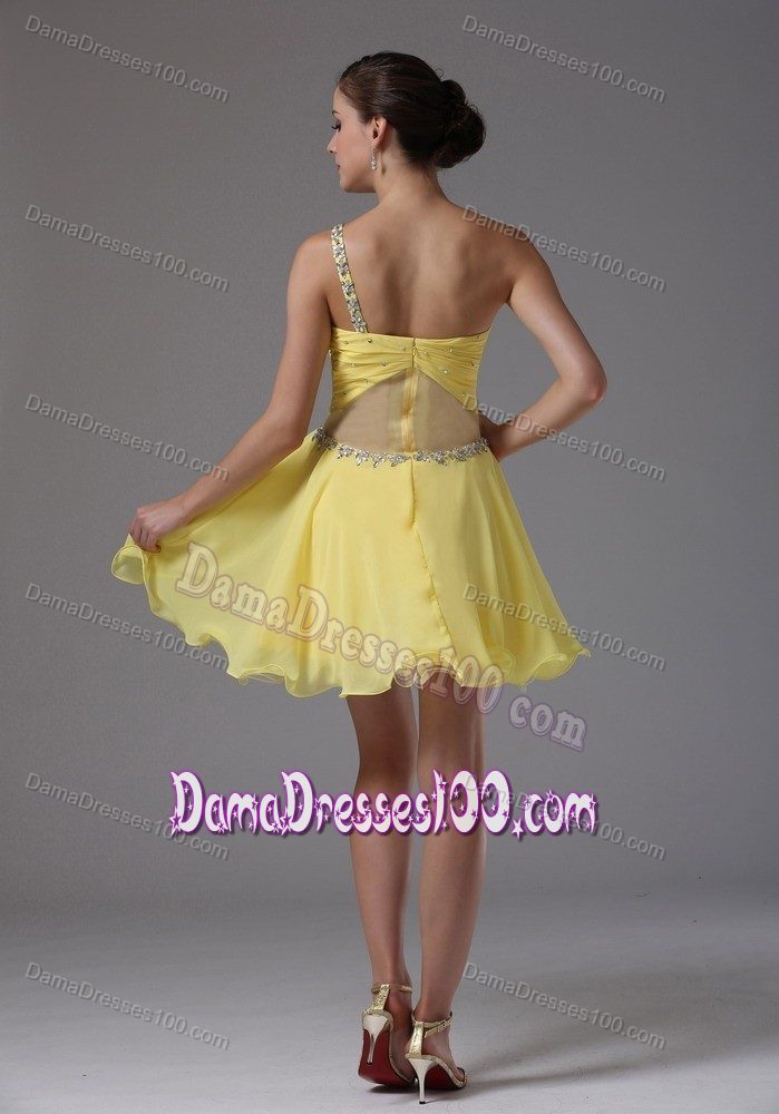 Cheap Yellow One Shoulder Dama Dress with Ruches and Beading